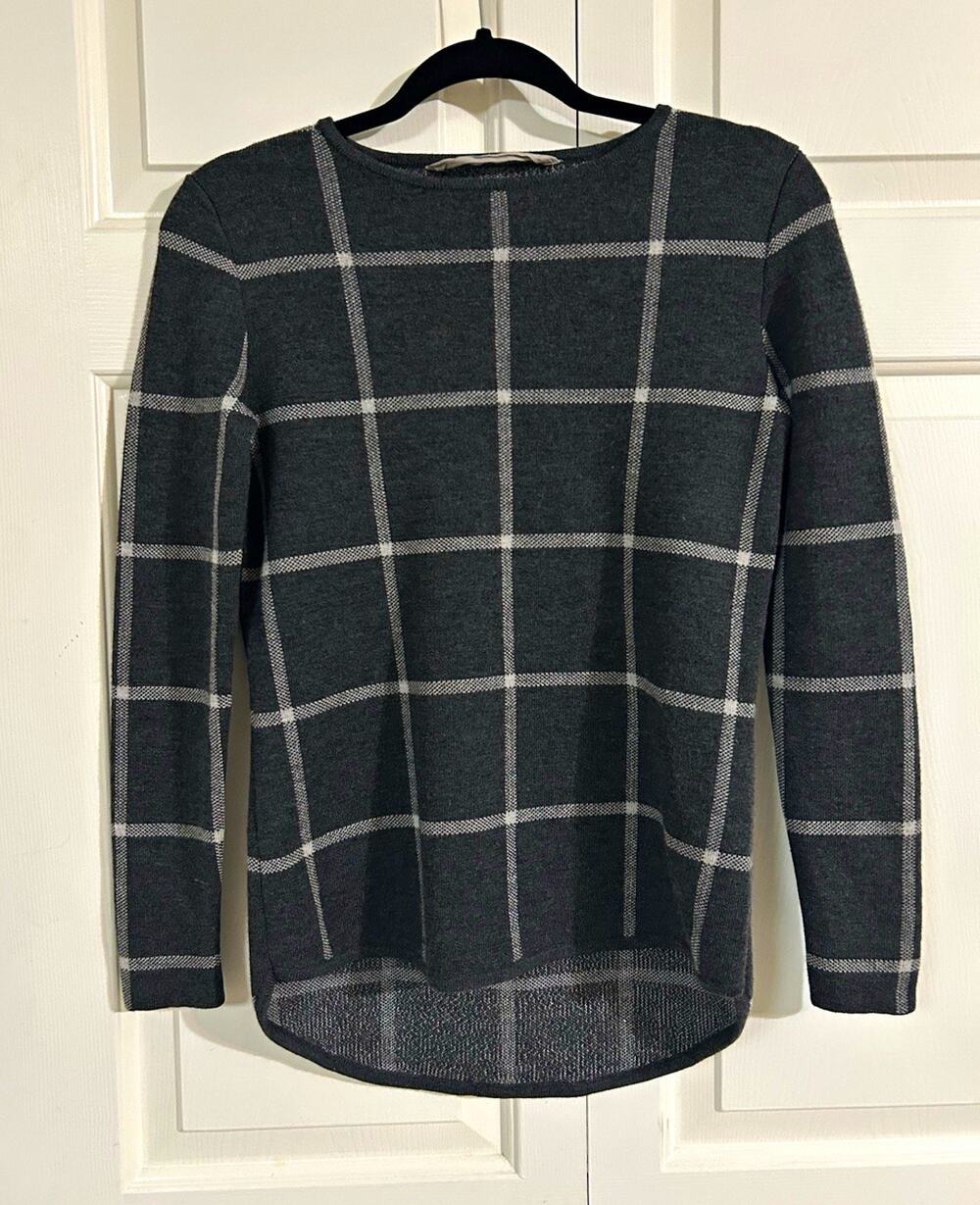 Athleta Dark Gray White Plaid 100% Merino Wool Crew Neck Pullover Sweater XS
